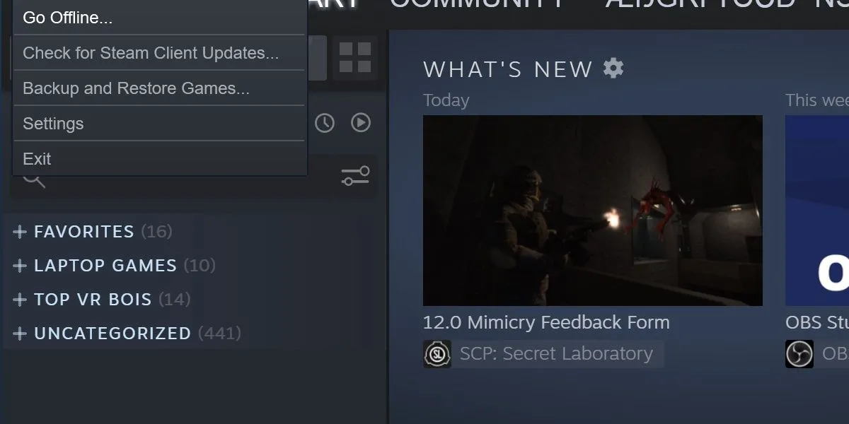 Màn hình Steam với tùy chọn "Go Offline" (Chuyển sang ngoại tuyến) được chọn, giúp tối ưu và giảm tải RAM cho Steam.