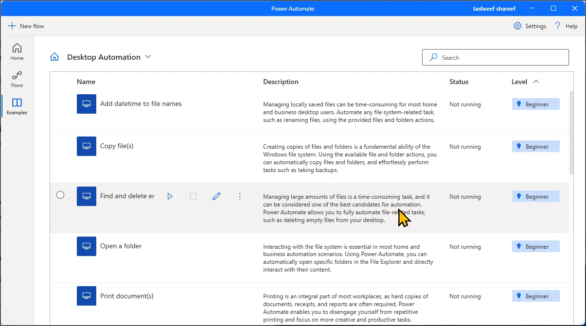 Màn hình tab Examples (Ví dụ) trong Microsoft Power Automate trên Windows 11, giới thiệu các mẫu tự động hóa có sẵn