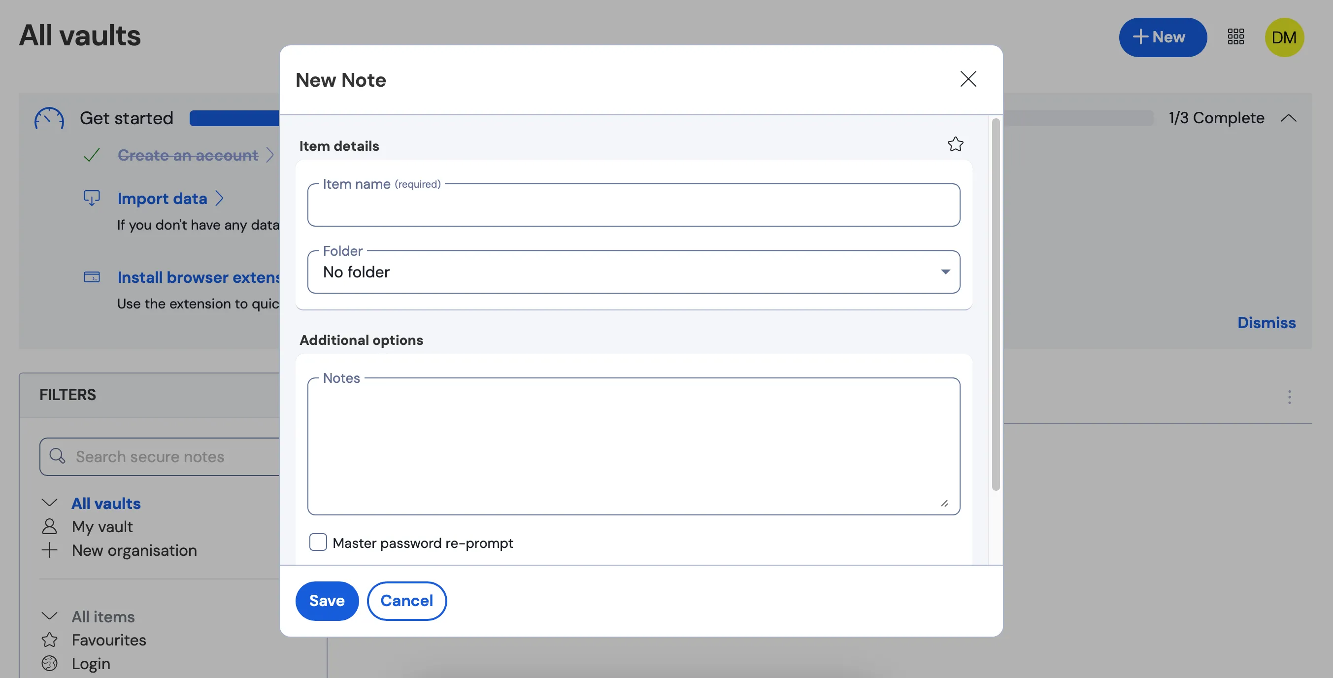 Màn hình tạo ghi chú bảo mật (Secure Note) trong ứng dụng Bitwarden, cho phép người dùng lưu trữ thông tin nhạy cảm một cách riêng tư và an toàn.