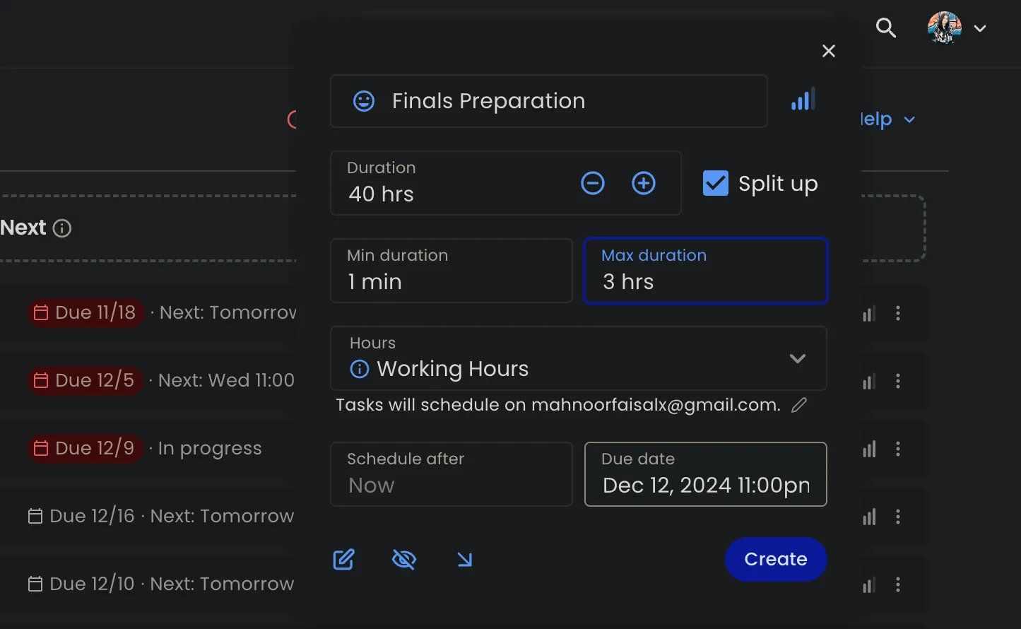 Màn hình tạo tác vụ mới trong Reclaim.ai với ví dụ &quot;Finals Preparation&quot; và tùy chọn chia nhỏ công việc