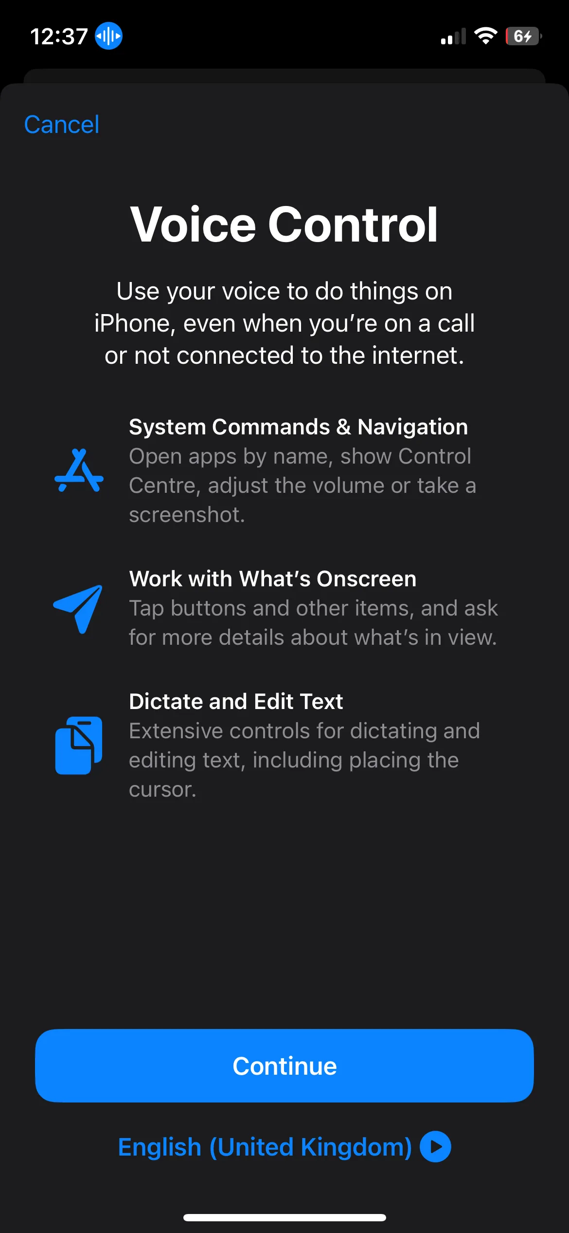 Màn hình thiết lập Điều khiển bằng giọng nói (Voice Control) trên iPhone, hiển thị nút Tiếp tục.