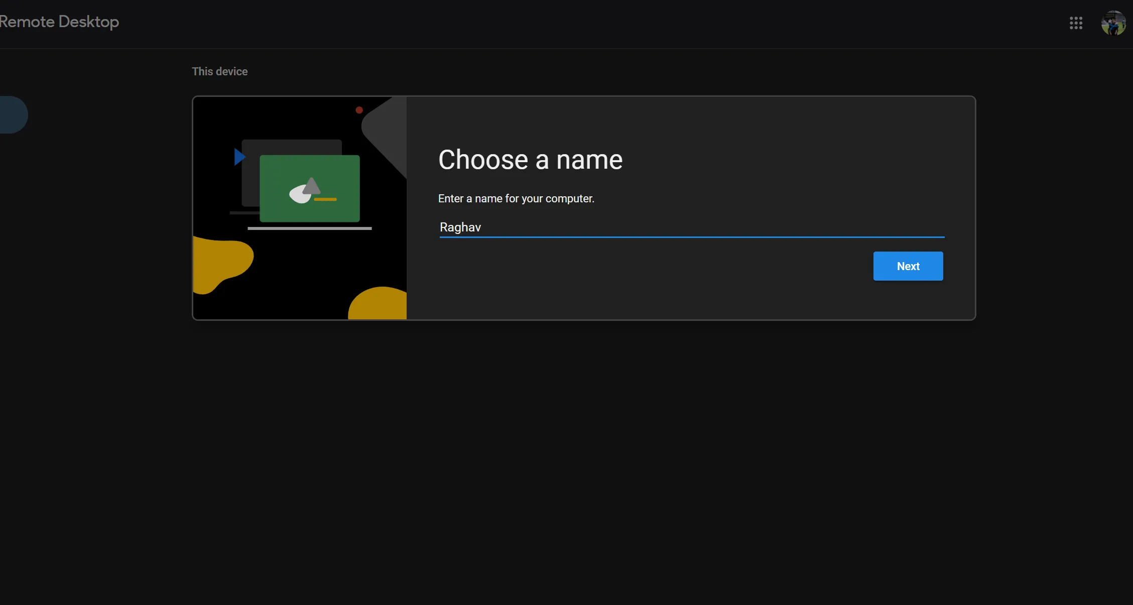 Màn hình thiết lập tên và mã PIN cho máy tính trên Chrome Remote Desktop