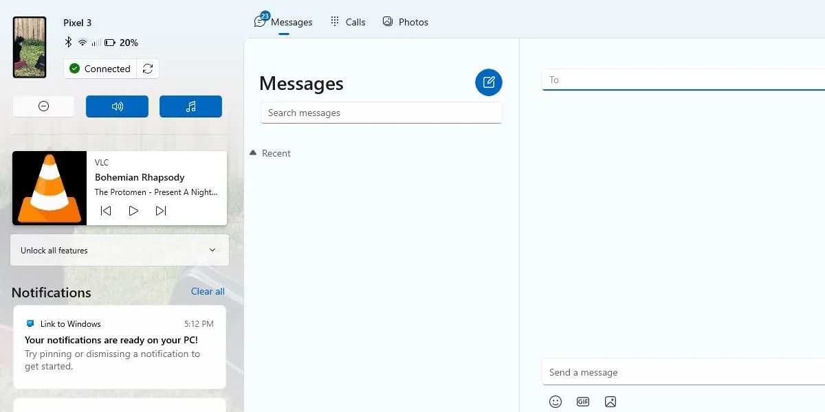 Màn hình tin nhắn ứng dụng Phone Link của Microsoft trên Windows