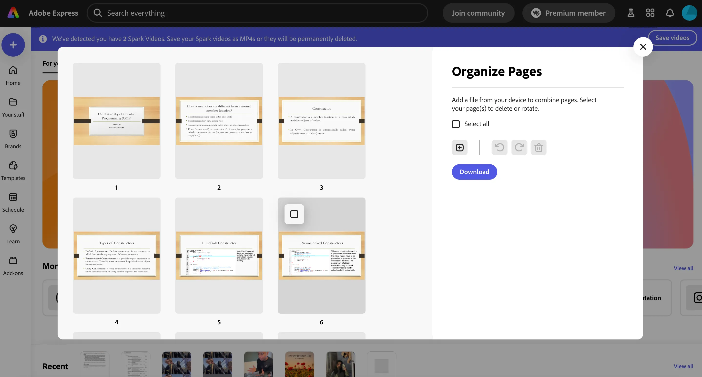 Màn hình tính năng &quot;Sắp xếp trang&quot; (Organize Pages) trong Adobe Express, cho phép kéo thả để sắp xếp, xoay hoặc xóa trang PDF.