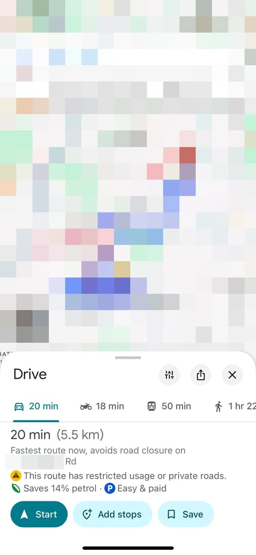 Màn hình tổng quan lộ trình Google Maps trên iPhone với tính năng dự đoán chỗ đỗ xe