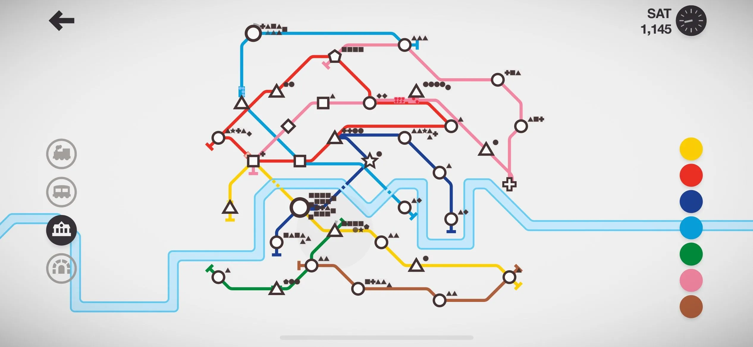 Màn hình trò chơi Mini Metro hiển thị hệ thống đường sắt được xây dựng, một ví dụ về game thư giãn hiệu quả trên iPhone.