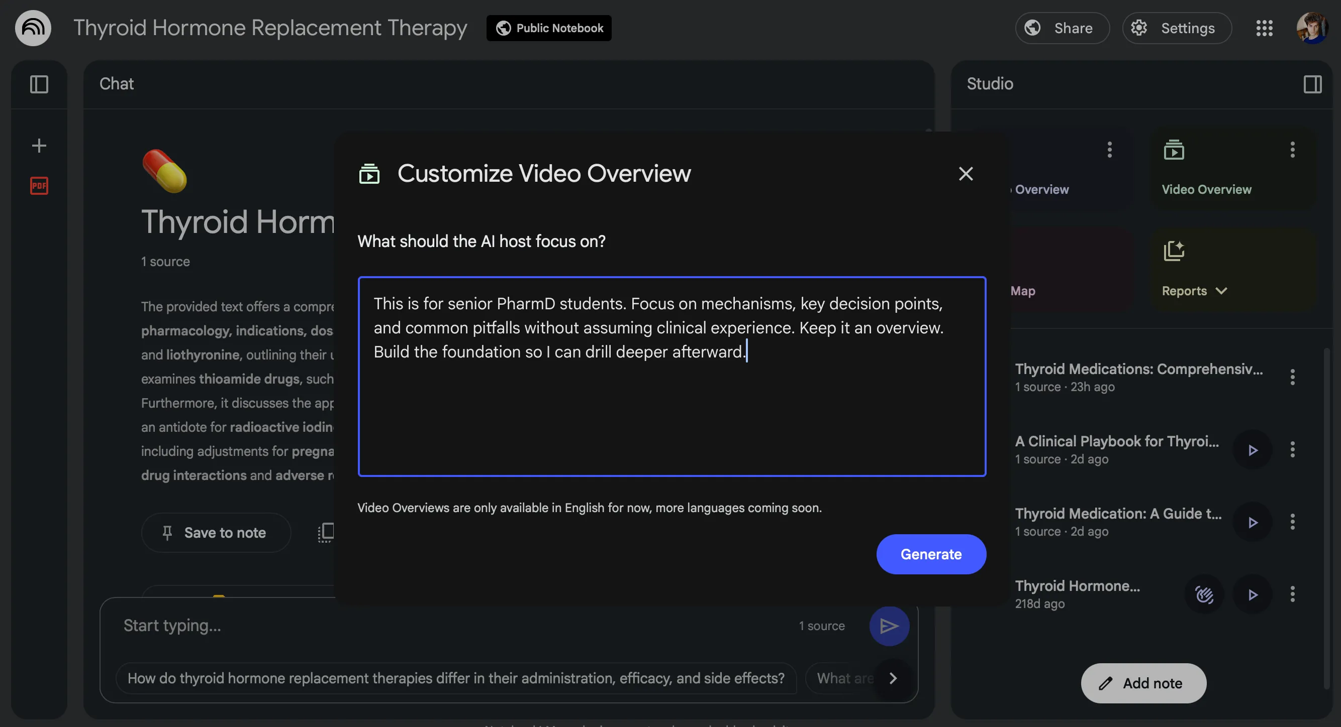 Màn hình tùy chỉnh cài đặt nâng cao cho tính năng Video Overview trong NotebookLM