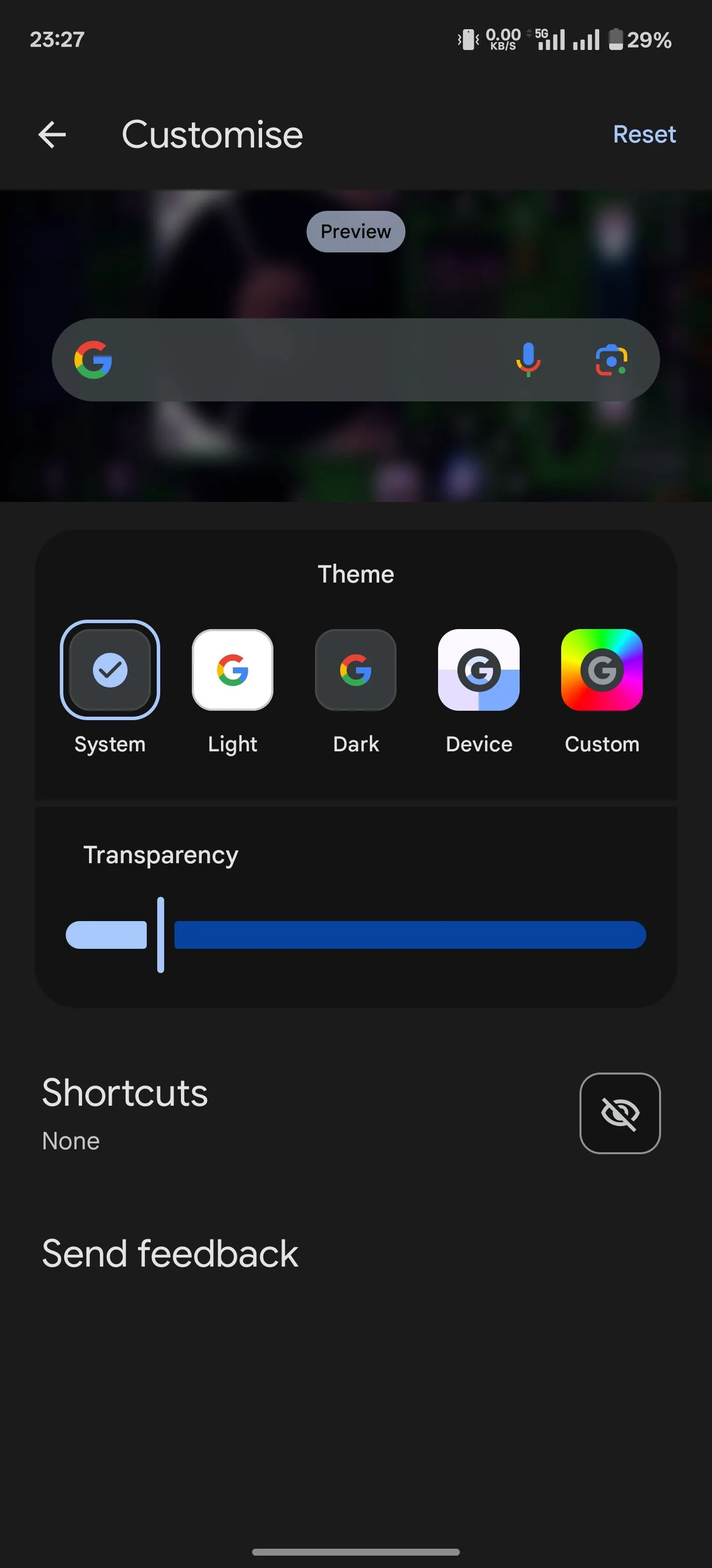 Màn hình tùy chỉnh widget Google Search với các tùy chọn phím tắt