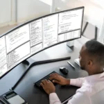 Màn hình ultrawide lớn trên bàn làm việc cùng người đàn ông đang gõ phím.