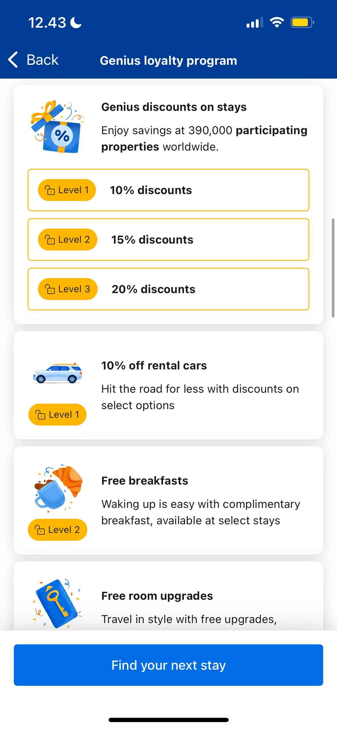 Màn hình ứng dụng Booking.com hiển thị chi tiết các ưu đãi của chương trình Genius