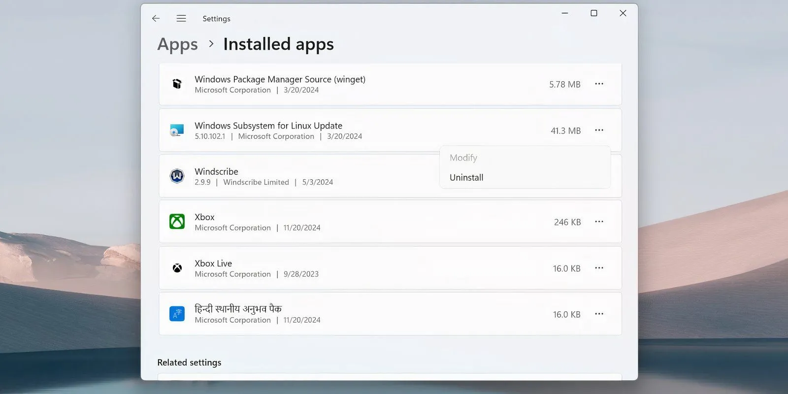 Màn hình Ứng dụng đã cài đặt hiển thị tùy chọn Gỡ cài đặt cho Windows Subsystem for Linux
