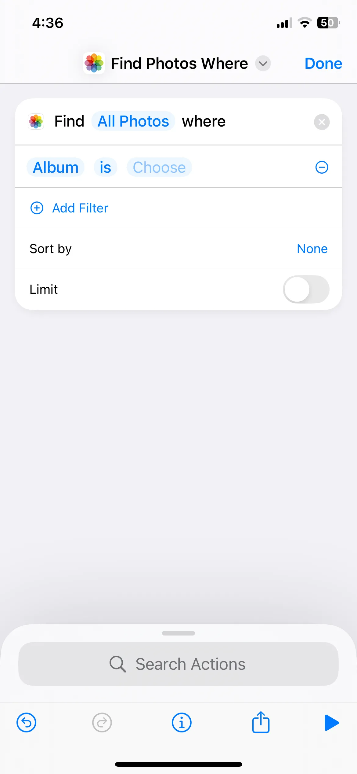 Màn hình ứng dụng Phím tắt trên iPhone hiển thị bước tìm kiếm ảnh chụp màn hình với bộ lọc