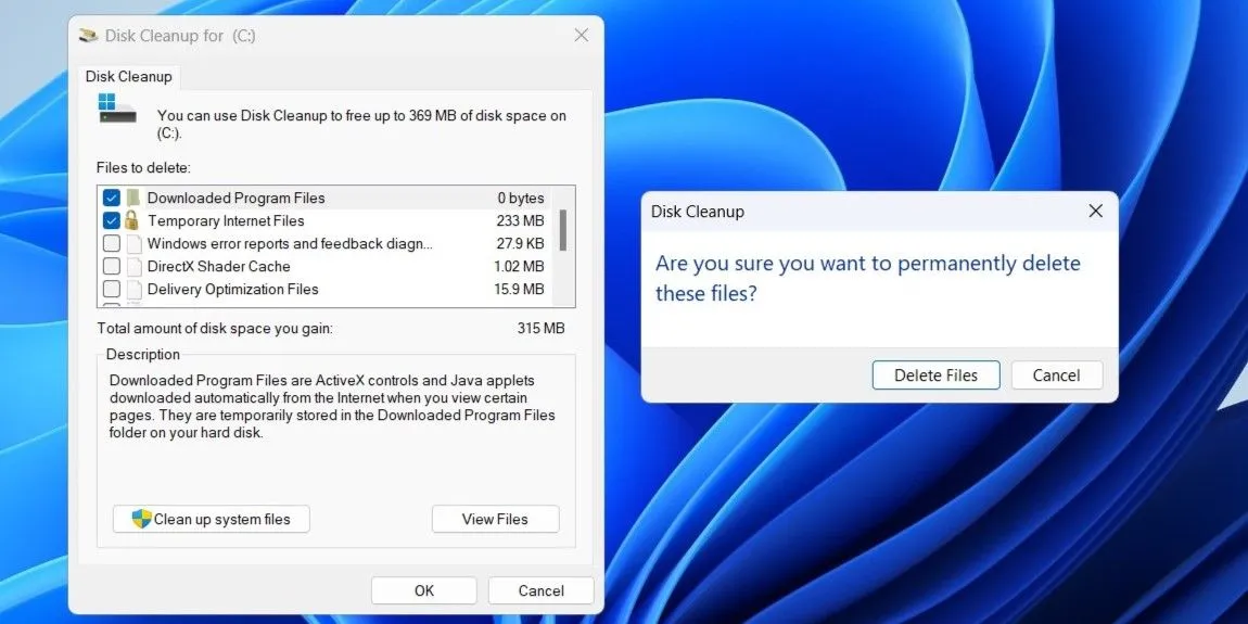 Màn hình xác nhận xóa các tệp tạm thời trong công cụ Disk Cleanup trên Windows.
