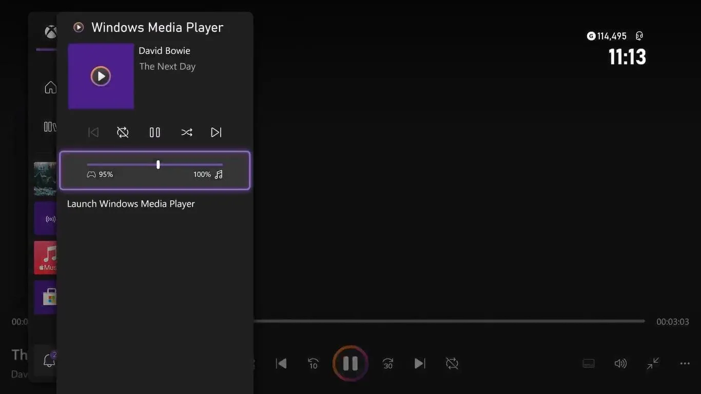 Màn hình Xbox Series X hiển thị menu hướng dẫn khi đang phát CD qua Windows Media Player