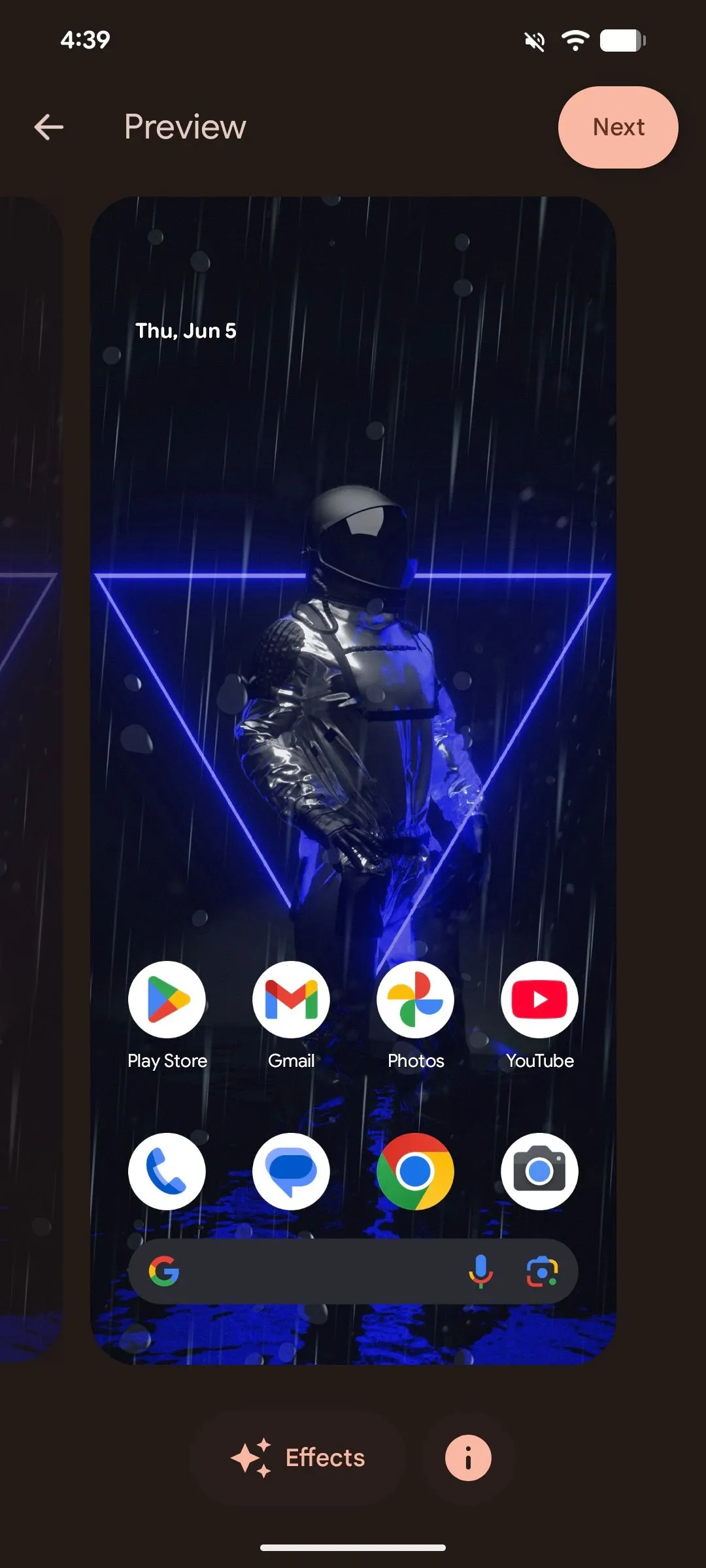 Màn hình xem trước hình nền cuối cùng trên Android 16 trước khi thiết lập, hiển thị hiệu ứng đã chọn.