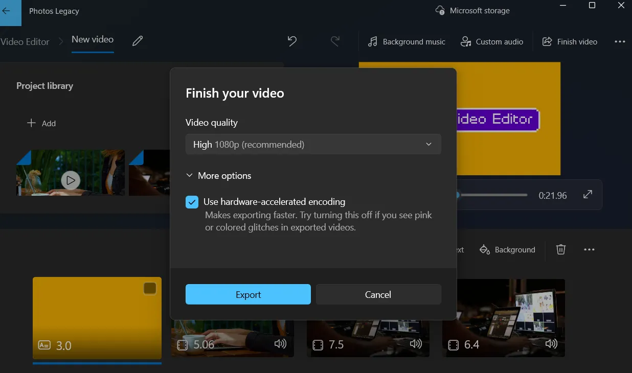 Màn hình xuất video với các tùy chọn độ phân giải trong Photos Legacy