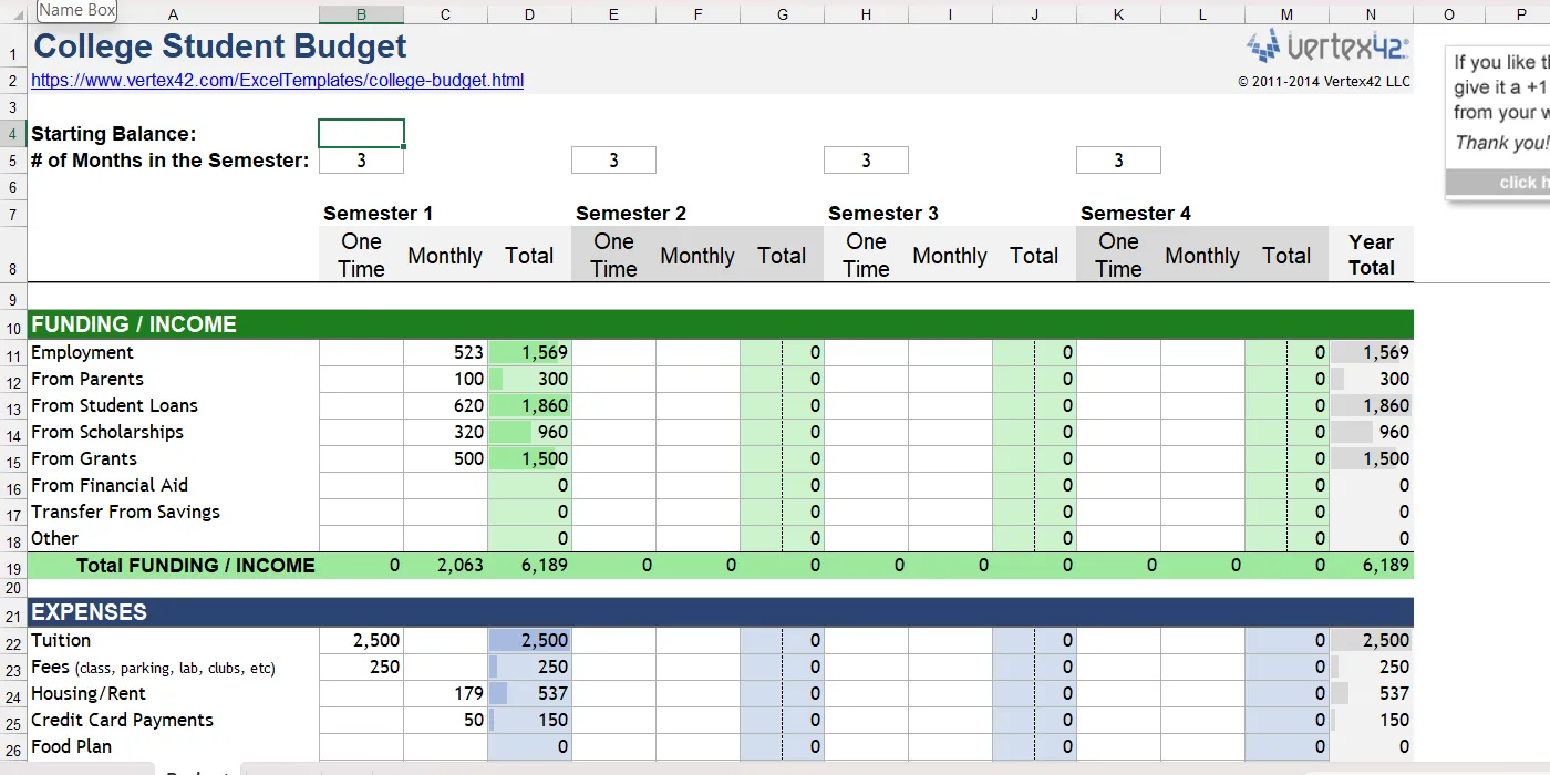Mẫu Excel lập ngân sách cho sinh viên đại học