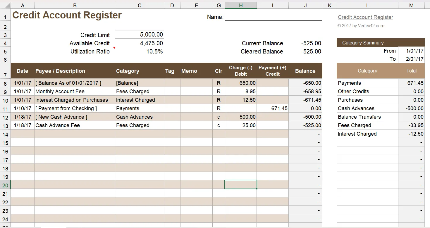 Mẫu Excel quản lý giao dịch thẻ tín dụng và hạn mức chi tiêu