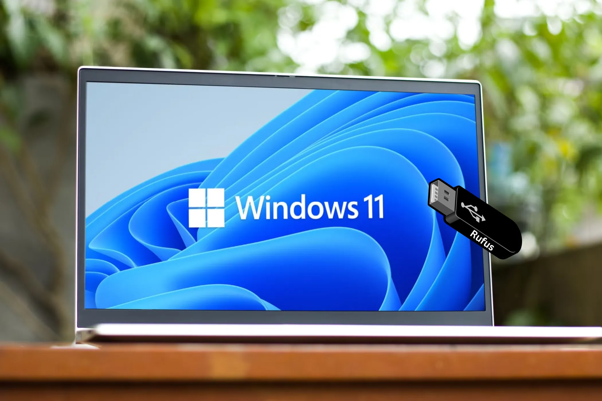 Máy tính xách tay hiển thị logo Windows 11 cùng USB cài đặt Rufus, minh họa cách cài đặt Windows 11 trên PC không hỗ trợ