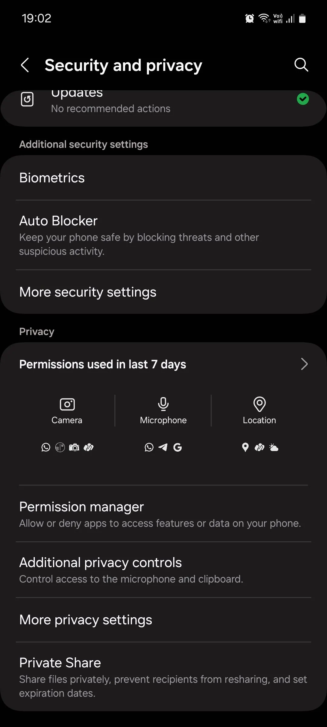 Menu bảo mật và quyền riêng tư trên Samsung One UI