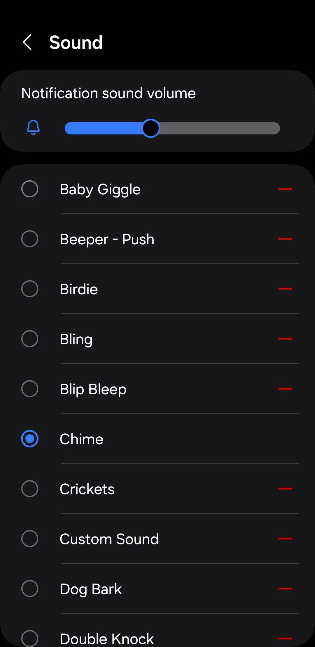 Menu cài đặt âm thanh thông báo trên Android, cho phép tùy chỉnh âm báo cho từng ứng dụng