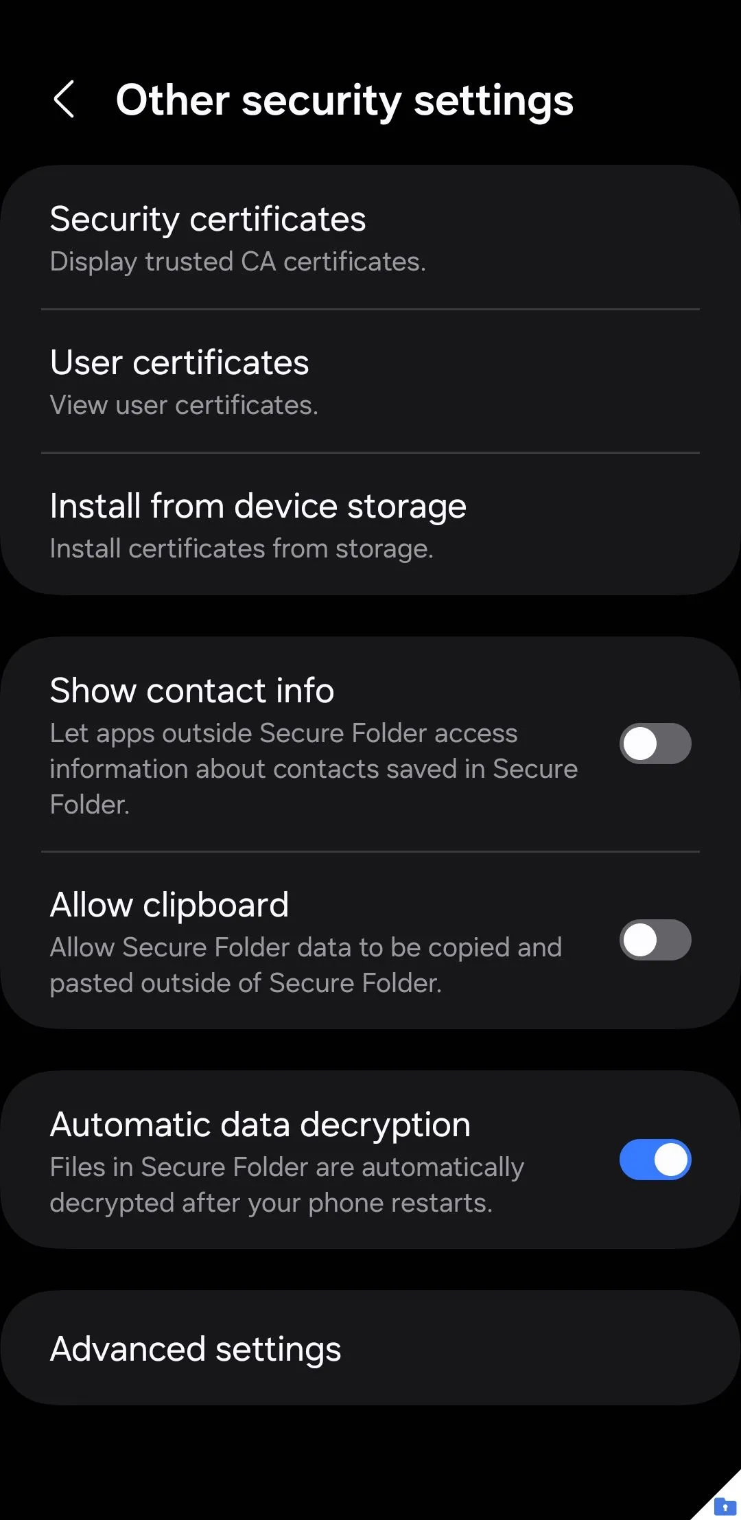 Menu cài đặt bảo mật của Thư mục Bảo mật trên điện thoại Samsung.