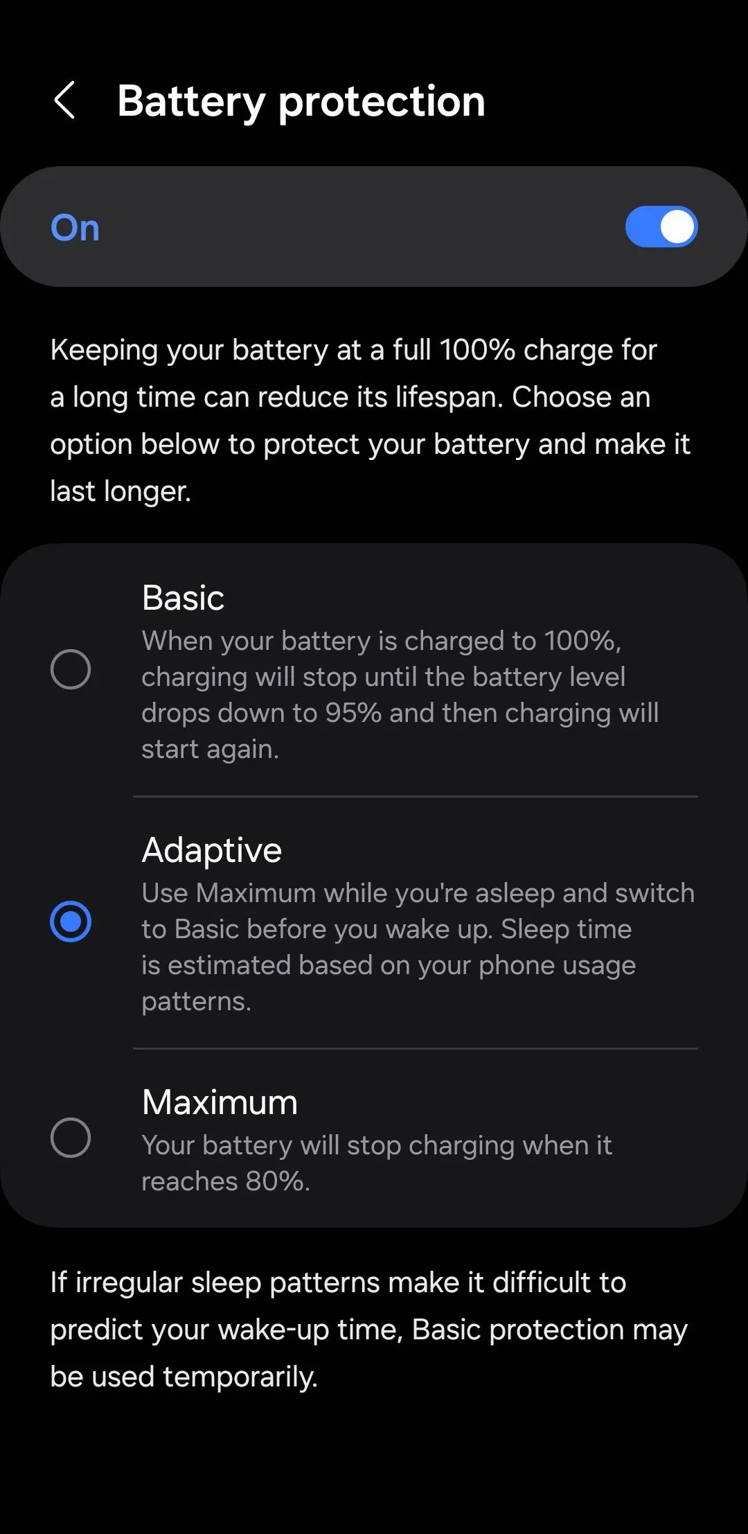 Menu cài đặt bảo vệ pin trên Android, hiển thị các tùy chọn để kéo dài tuổi thọ pin