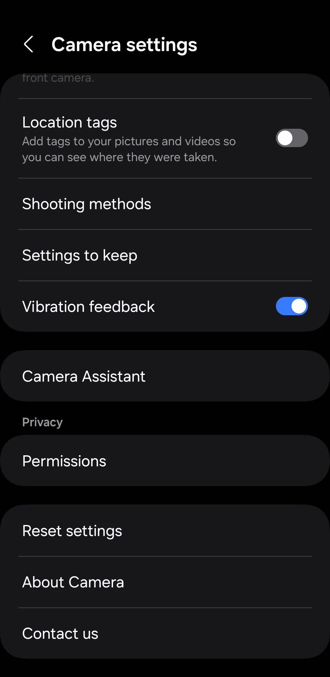 Menu cài đặt Camera Assistant trong ứng dụng Cài đặt camera Samsung