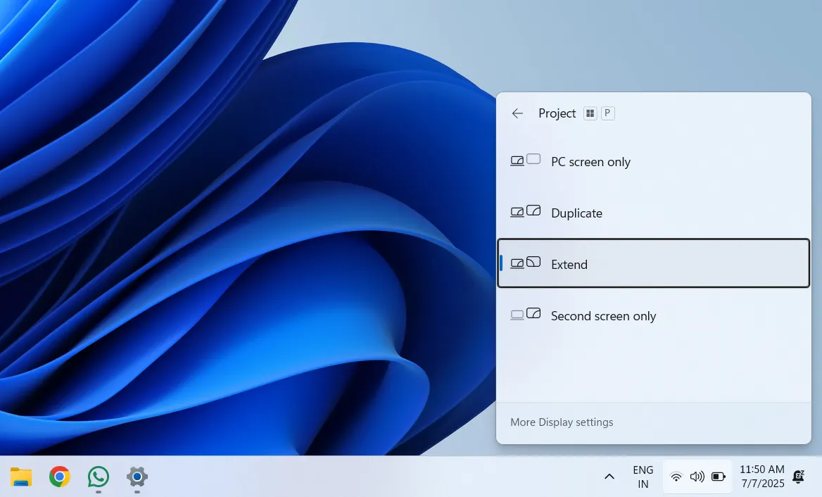 Menu cài đặt chế độ hiển thị màn hình (Project) trên Windows 11.