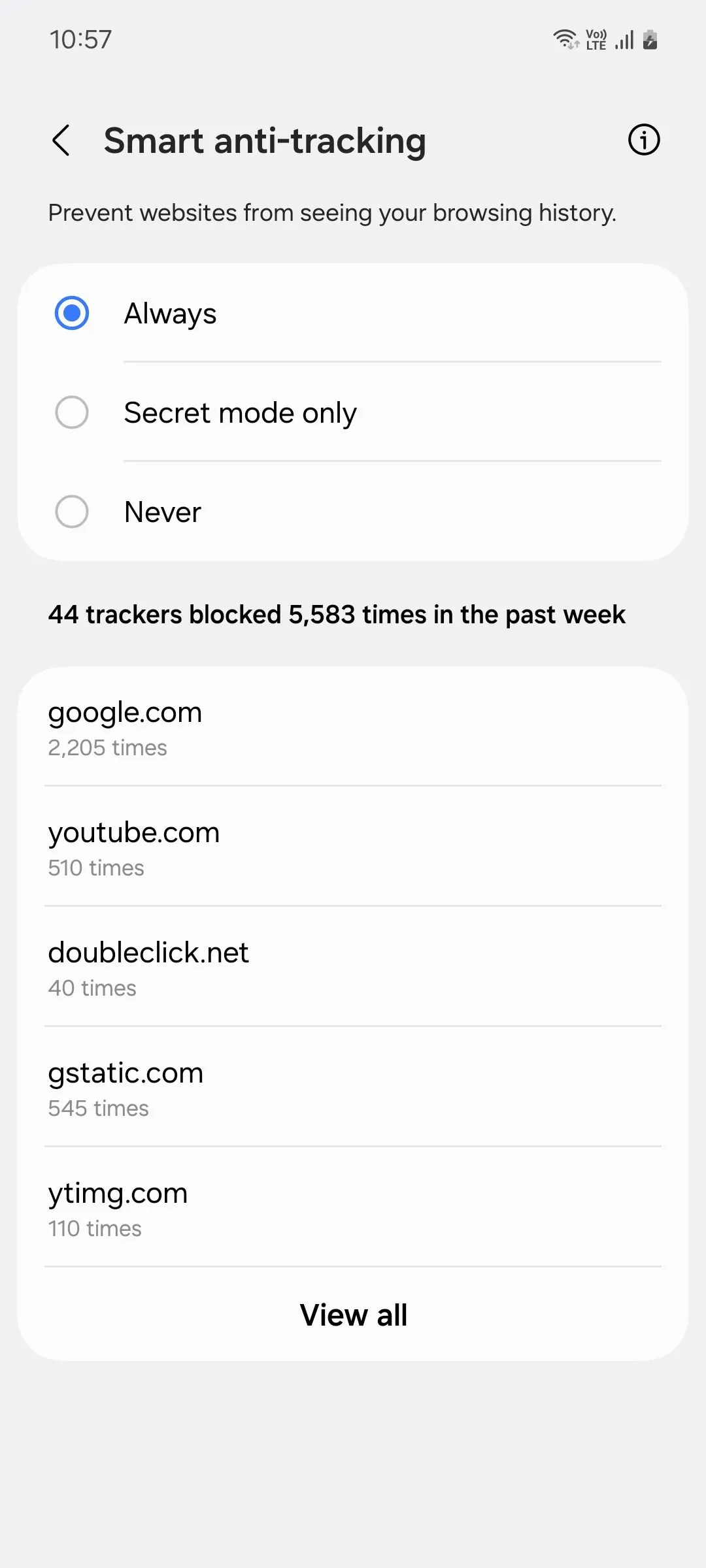 Menu cài đặt chống theo dõi thông minh (Smart anti-tracking) của Samsung Internet Browser