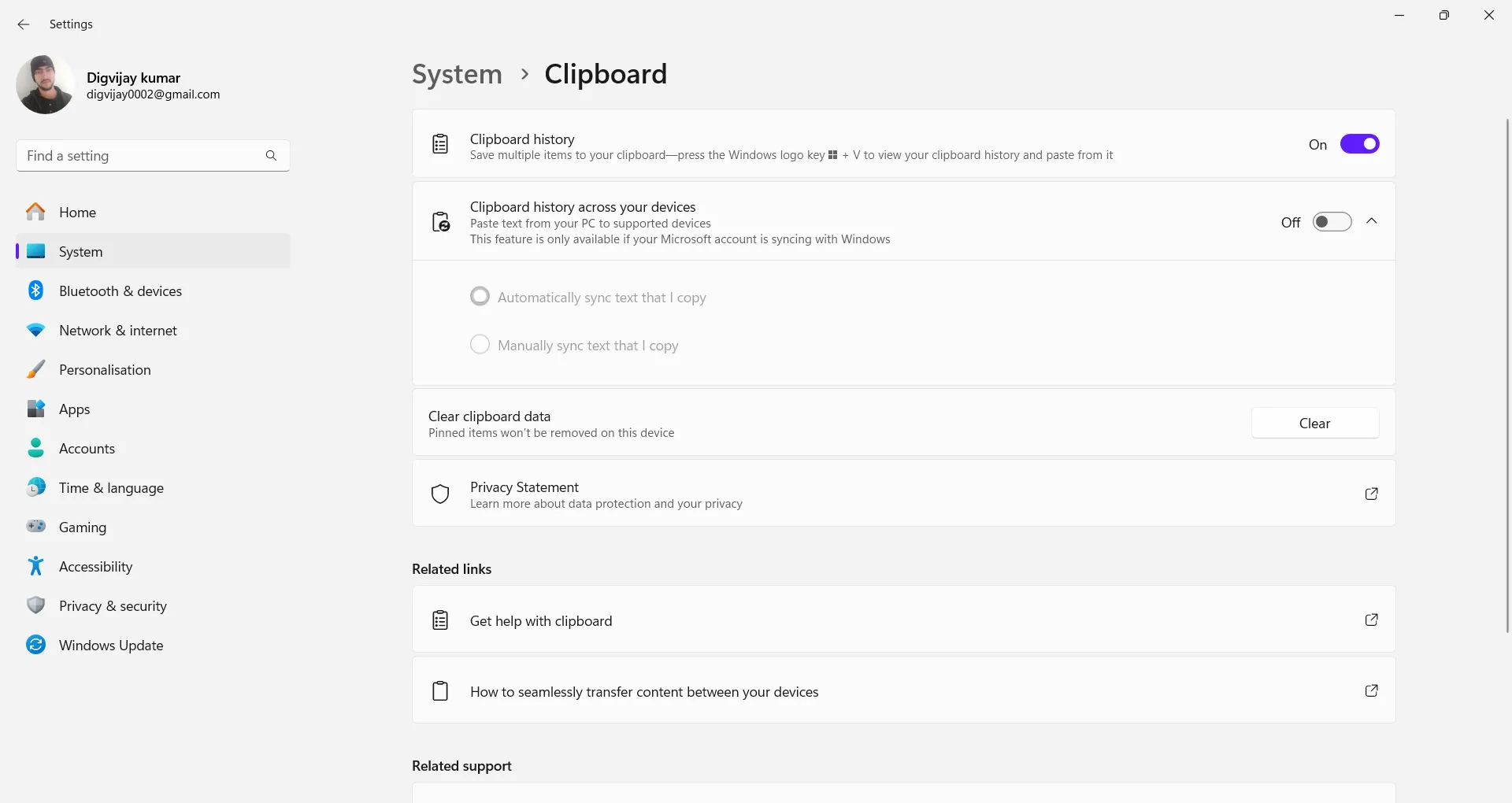 Menu cài đặt Clipboard trong Windows, hiển thị tùy chọn bật hoặc tắt tính năng lịch sử sao chép.