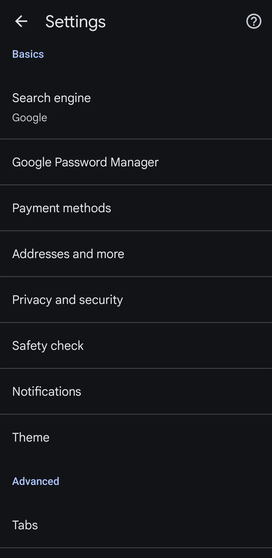 Menu Cài đặt của Google Chrome trên Android, cho phép quản lý đồng bộ dữ liệu.