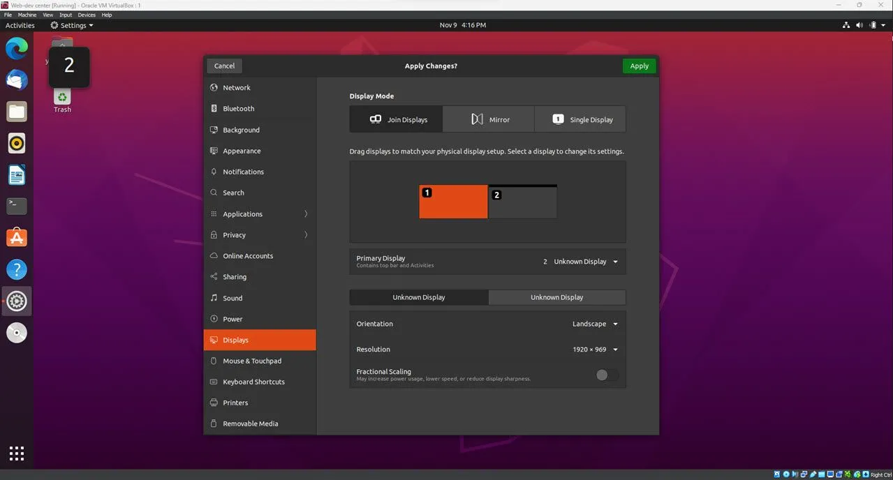 Menu cài đặt đa màn hình trên Linux