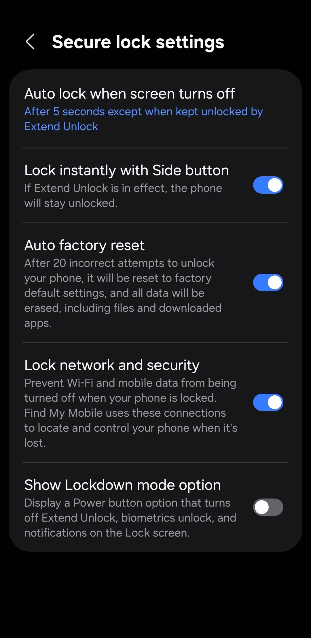 Menu cài đặt khóa bảo mật trên điện thoại Android