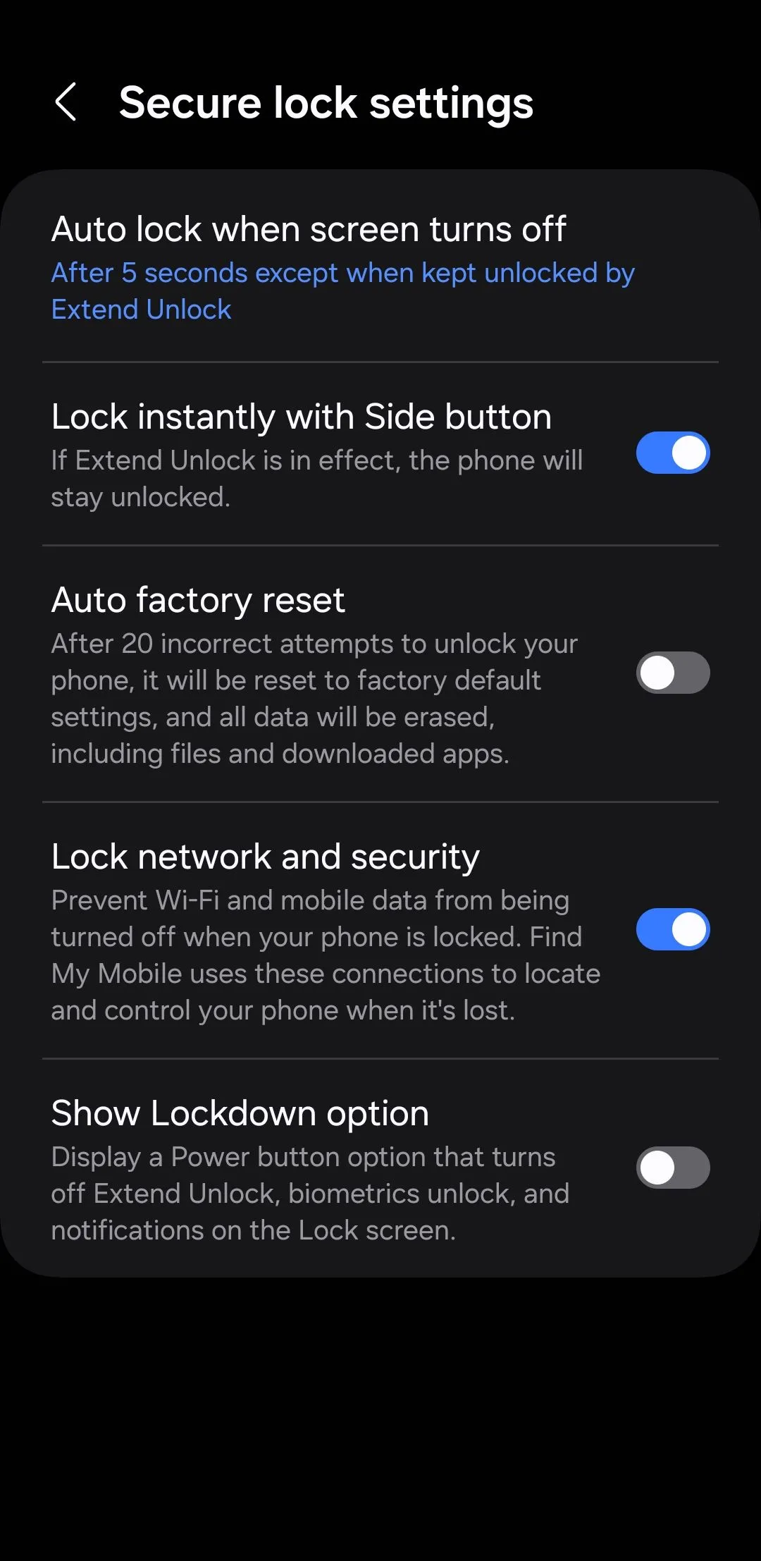Menu cài đặt khóa bảo mật và màn hình khóa trên Android