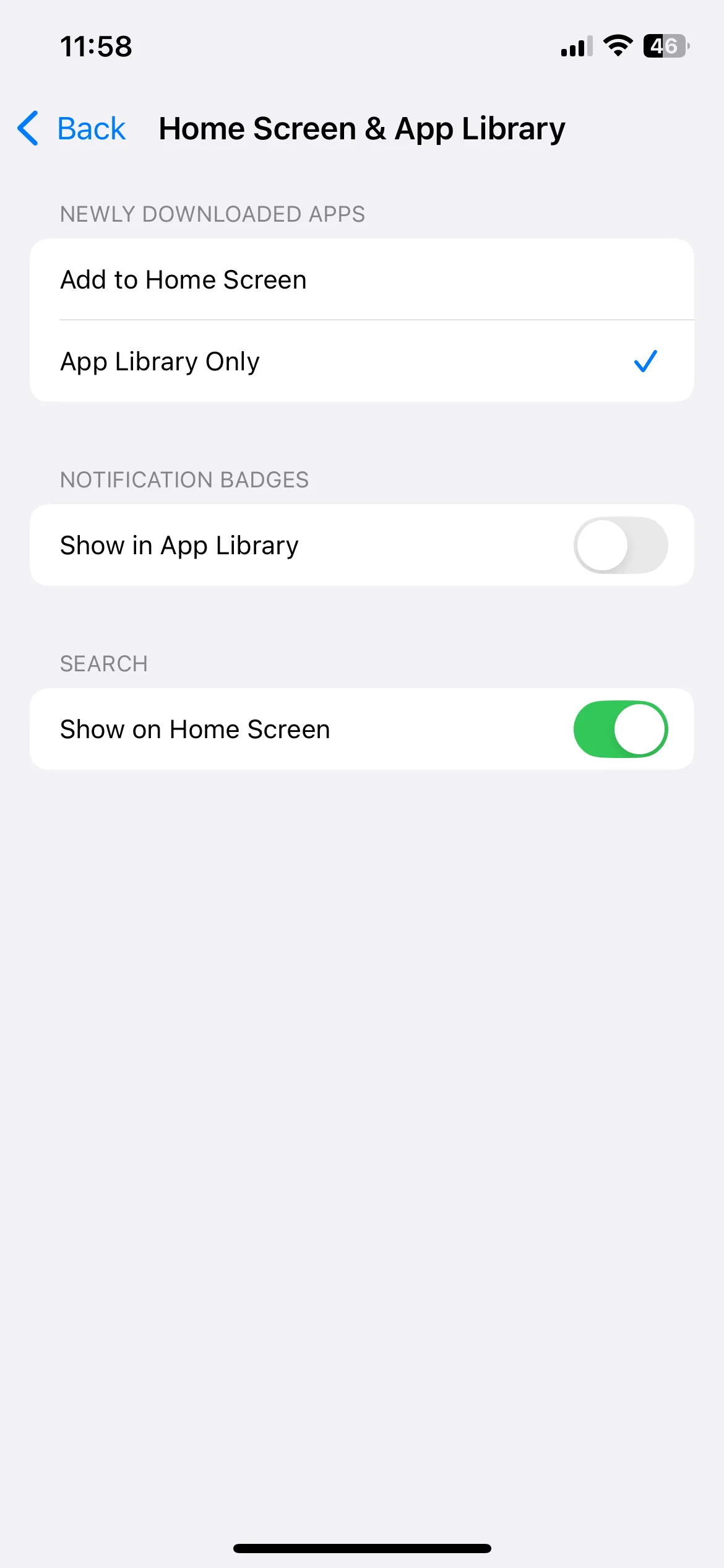 Menu cài đặt Màn hình chính trên iPhone, với tùy chọn 'Chỉ Thư viện ứng dụng' được chọn cho các ứng dụng mới tải về.