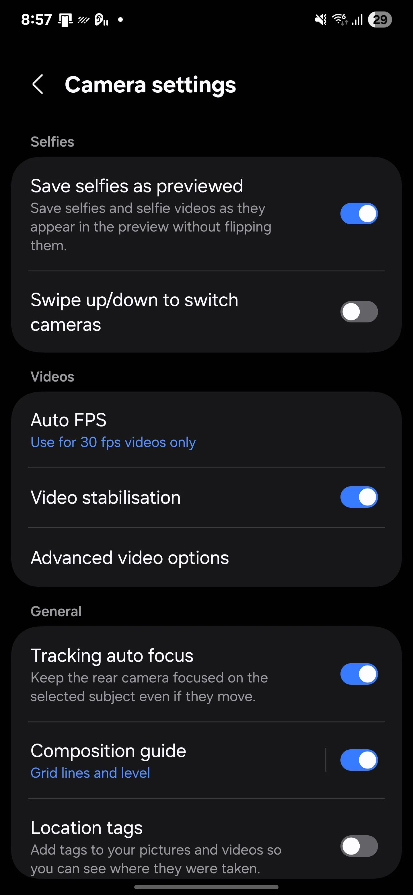 Menu cài đặt nâng cao trong ứng dụng Camera Samsung