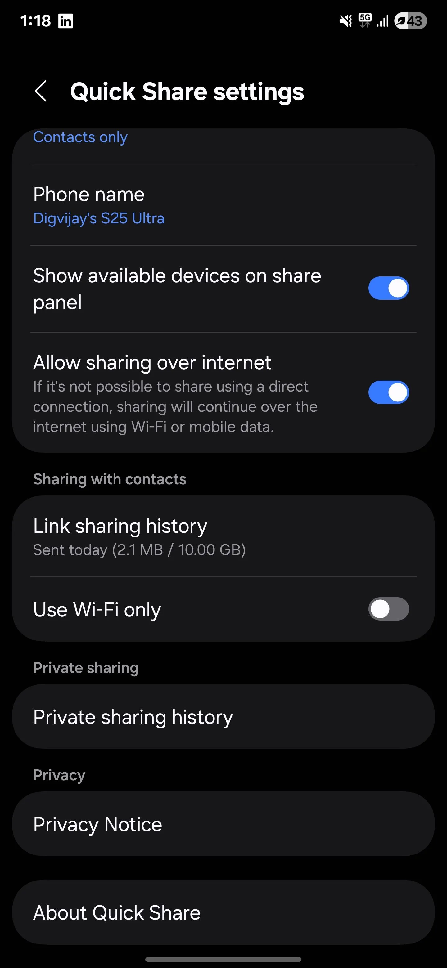 Menu cài đặt Quick Share trên điện thoại Samsung Galaxy