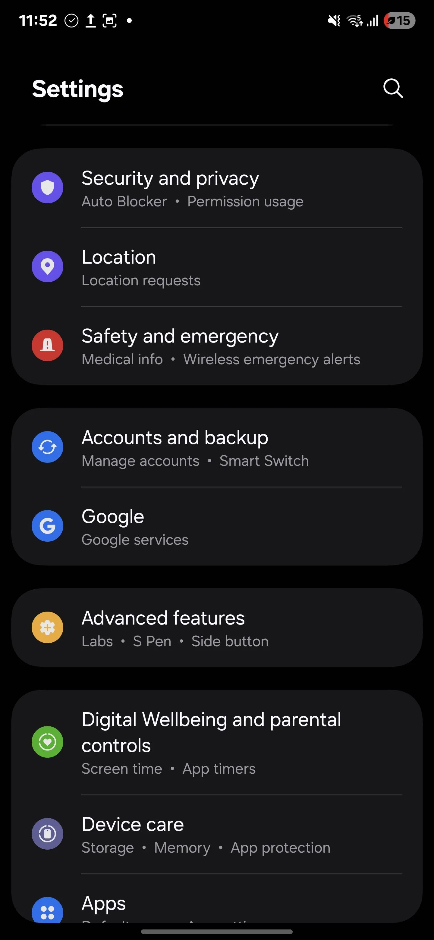 Menu Cài đặt Samsung Galaxy S25, hiển thị tùy chọn vị trí