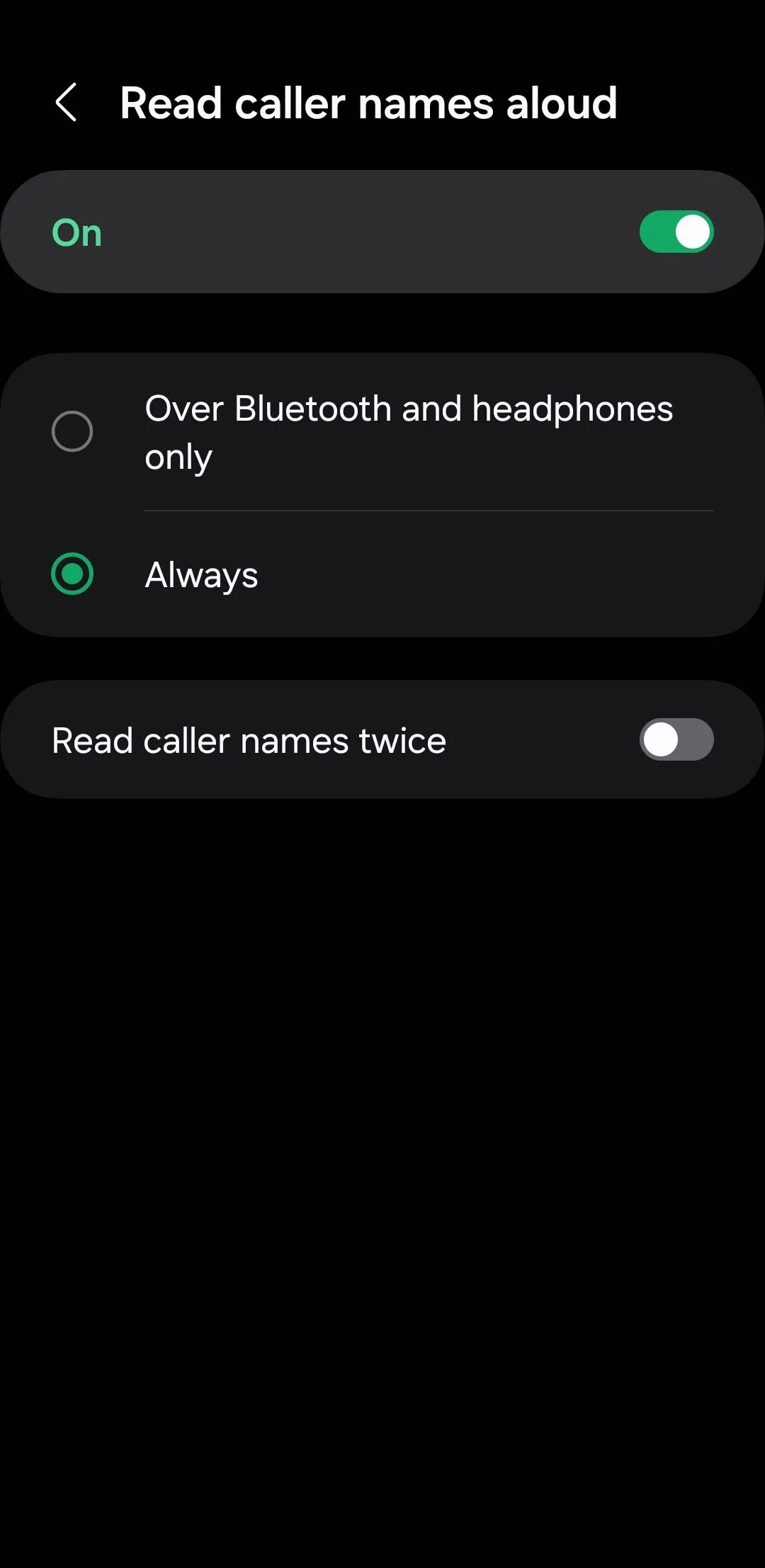 Menu cài đặt tính năng đọc tên người gọi to trên điện thoại Android, giúp nhận diện cuộc gọi mà không cần nhìn màn hình.