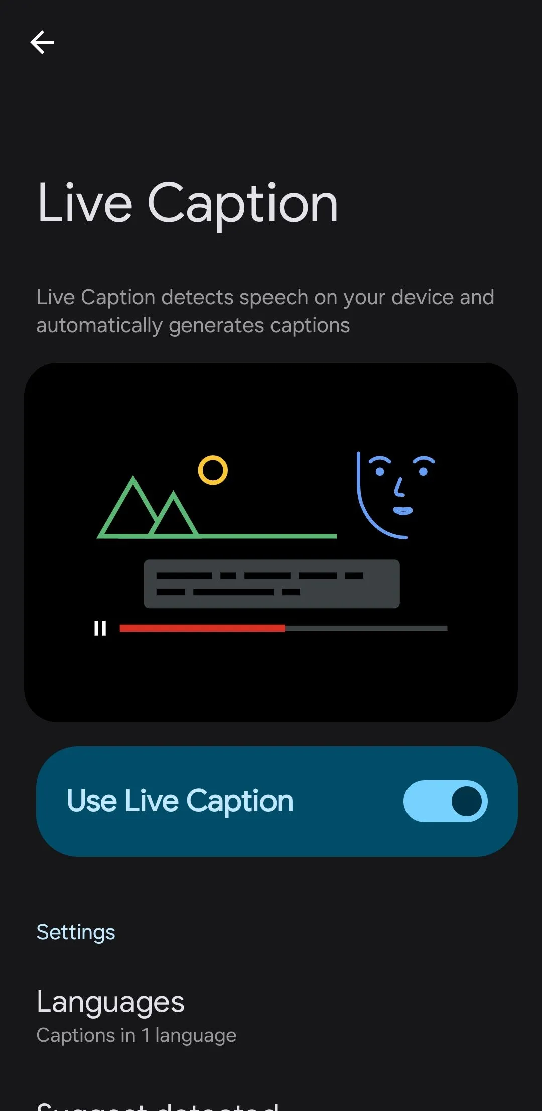 Menu cài đặt tính năng Live Caption (phụ đề trực tiếp) trên điện thoại Android, giúp hiển thị phụ đề tự động.