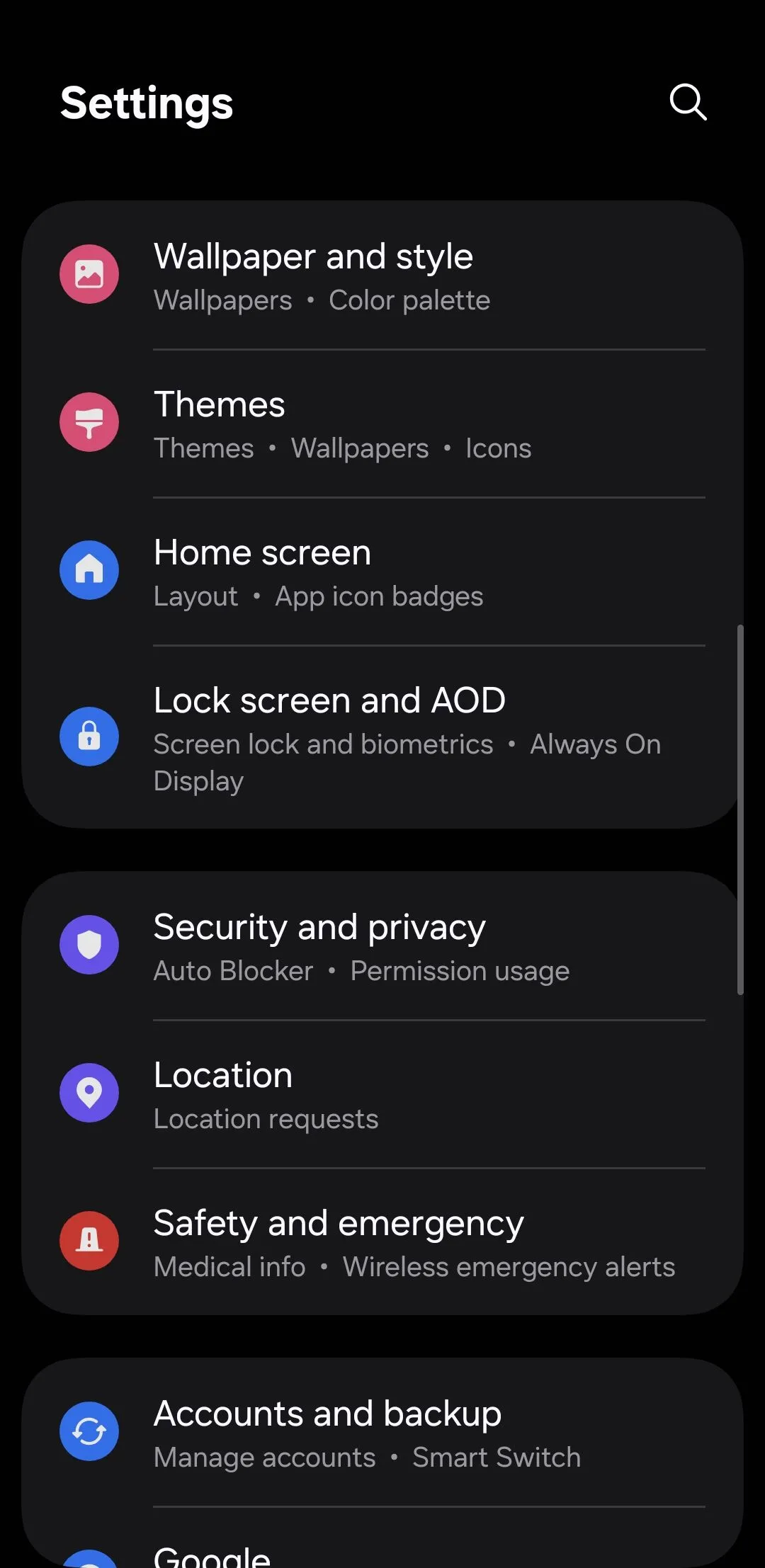Menu cài đặt trên điện thoại Android