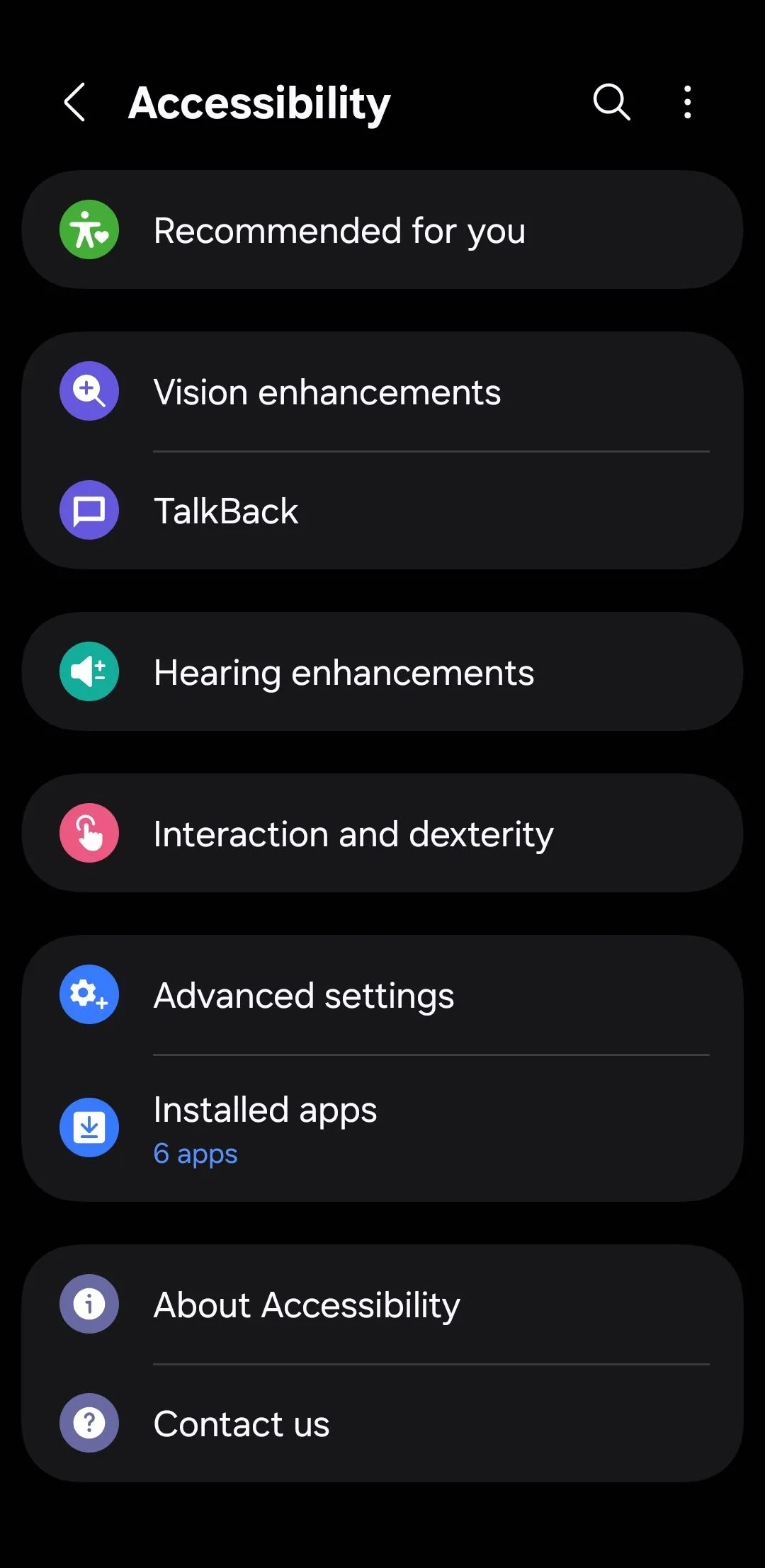 Menu Cài đặt trợ năng trên điện thoại Android, nơi quản lý các tùy chọn hỗ trợ.