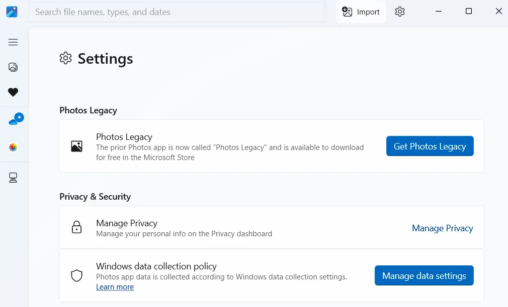 Menu Cài đặt trong ứng dụng Ảnh (Photos) trên Windows 11