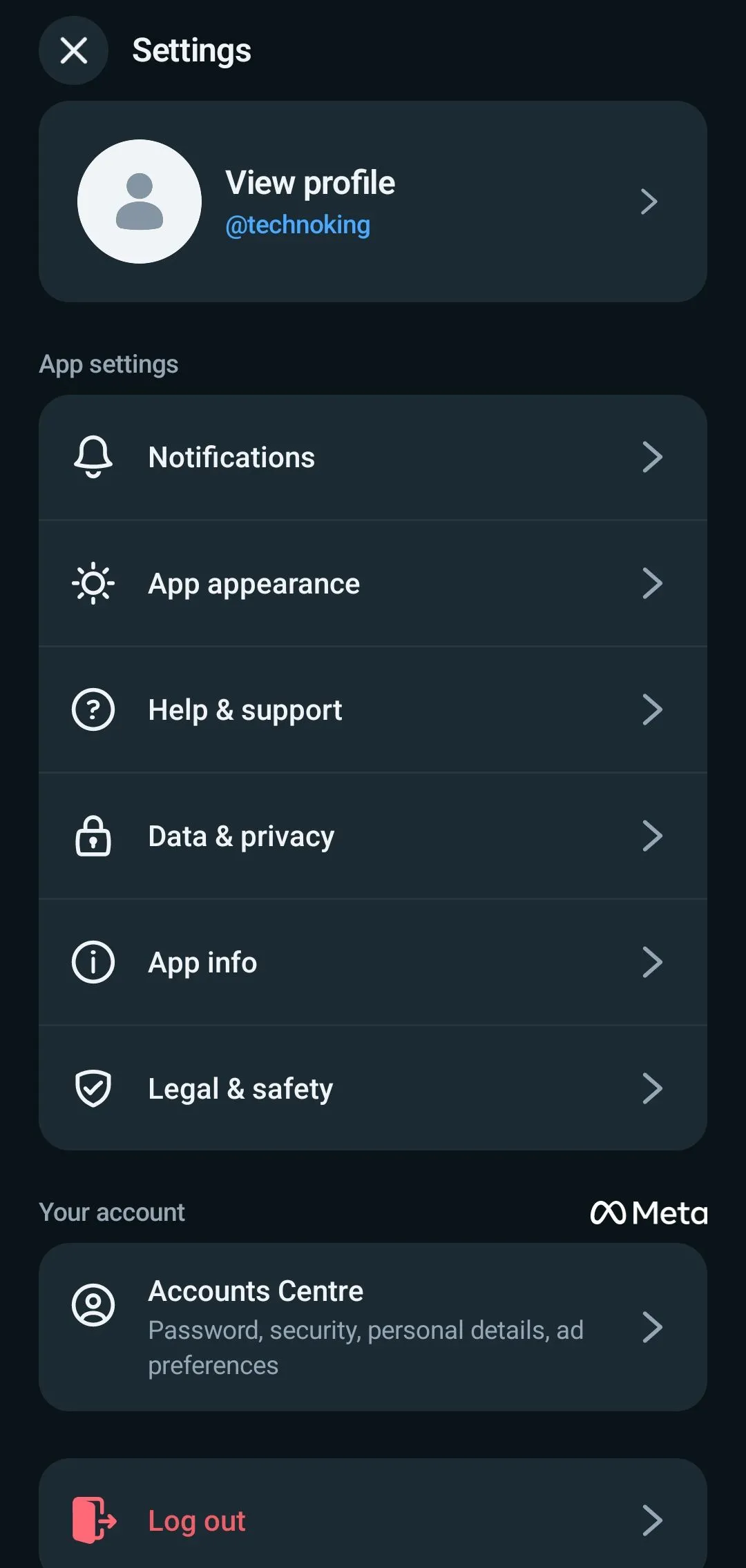 Menu cài đặt trong ứng dụng Meta AI với tùy chọn &quot;Data and Privacy&quot; để quản lý quyền riêng tư