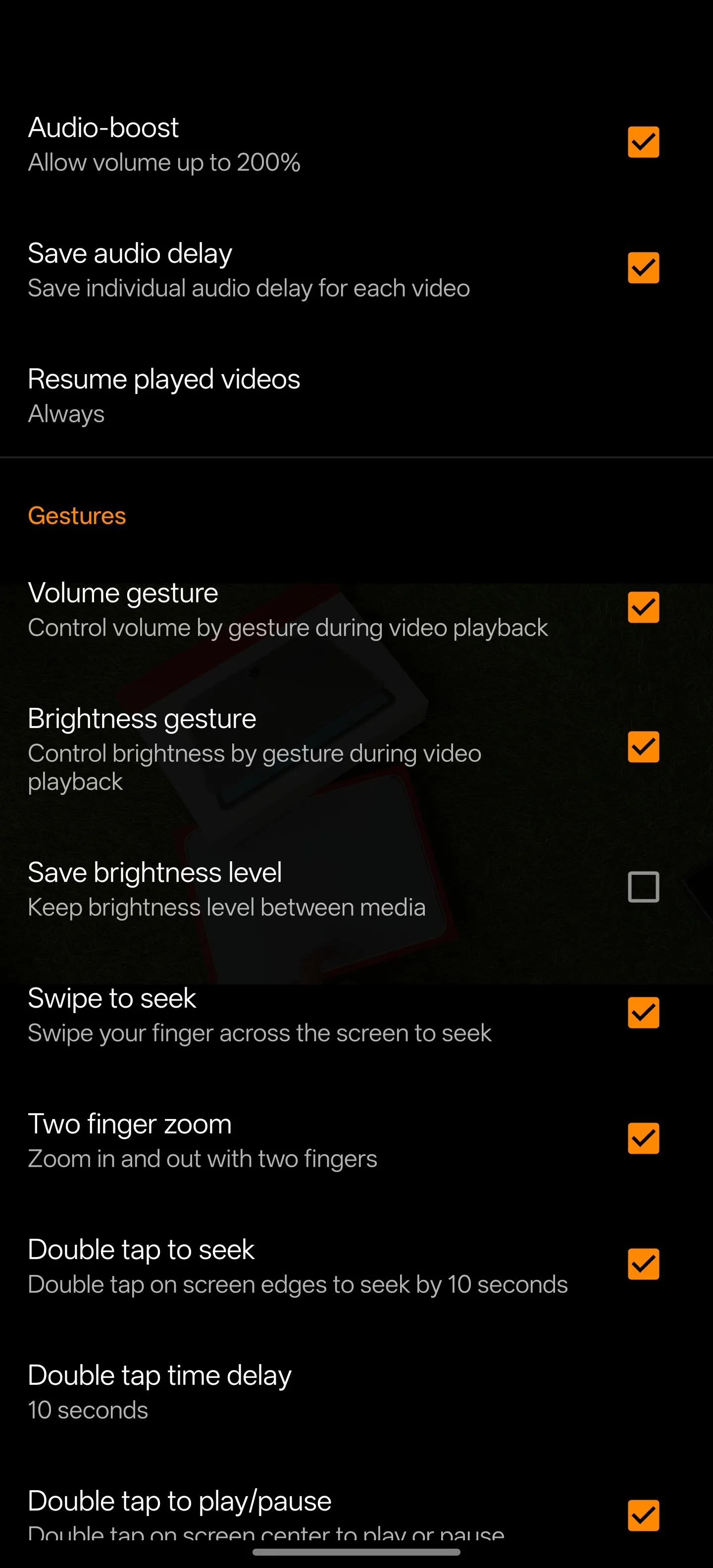 Menu cài đặt tùy chỉnh nâng cao của trình phát đa phương tiện VLC trên điện thoại Android.