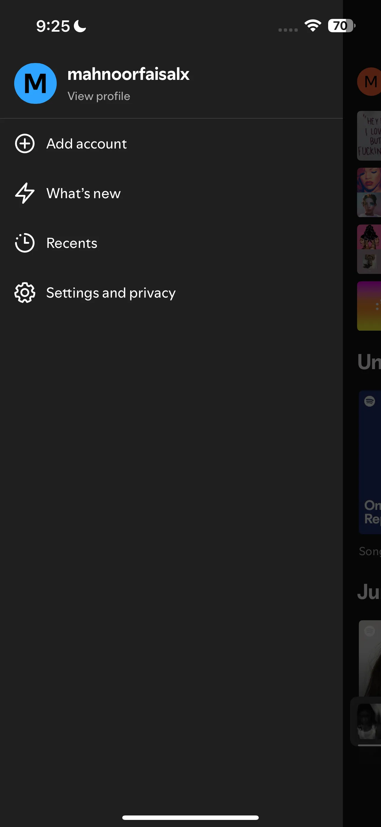 Menu cài đặt và quyền riêng tư trong ứng dụng Spotify