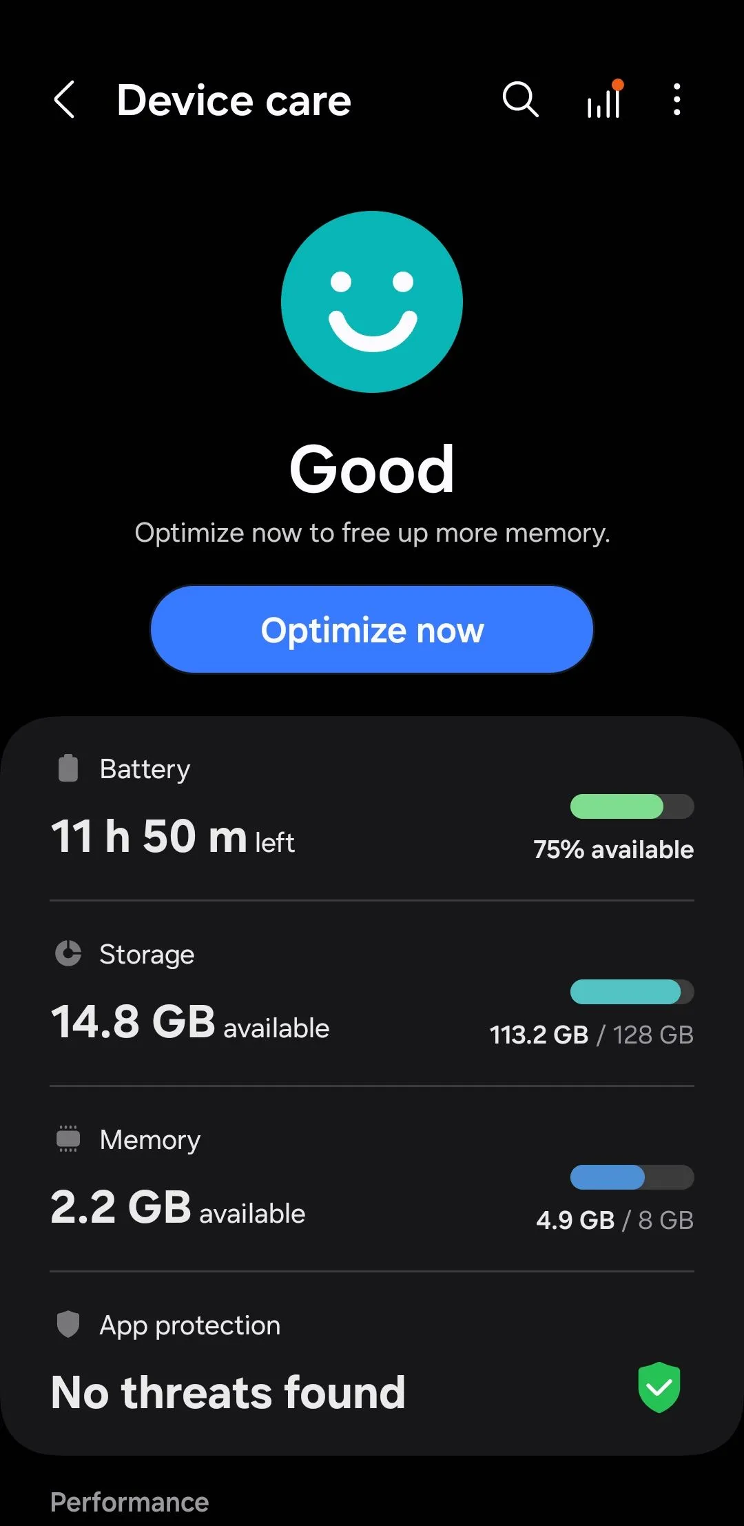 Menu Chăm sóc thiết bị trên điện thoại Samsung Galaxy hiển thị tùy chọn RAM Plus.