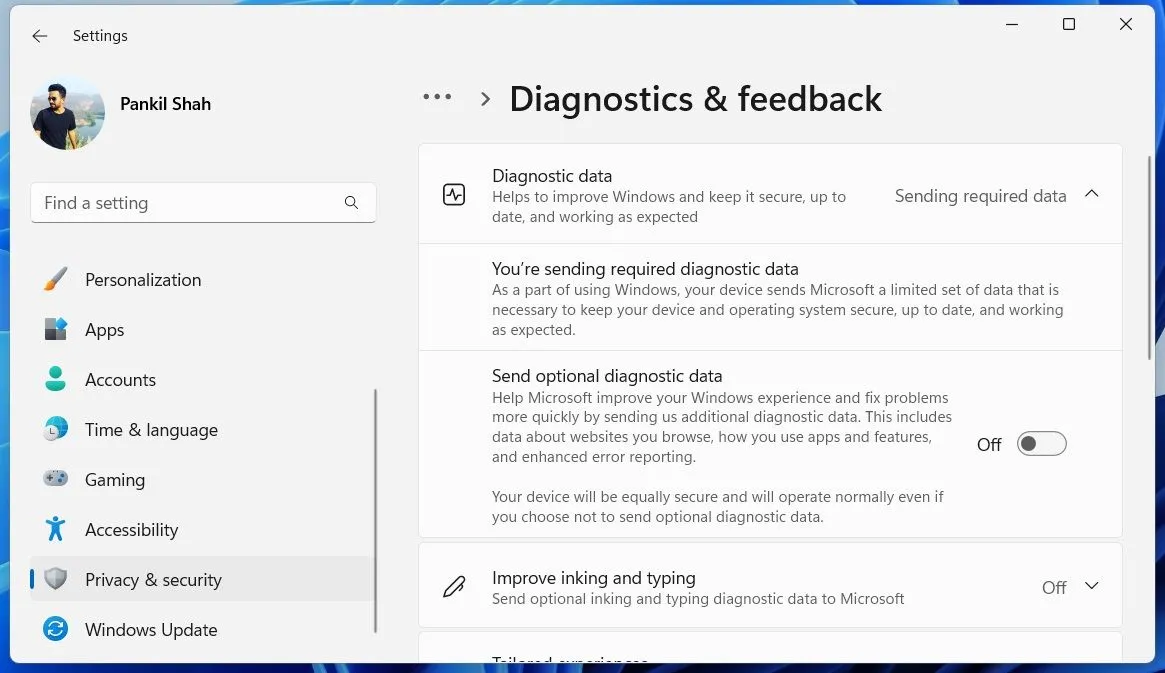 Menu Chẩn đoán trong ứng dụng Cài đặt Windows 11