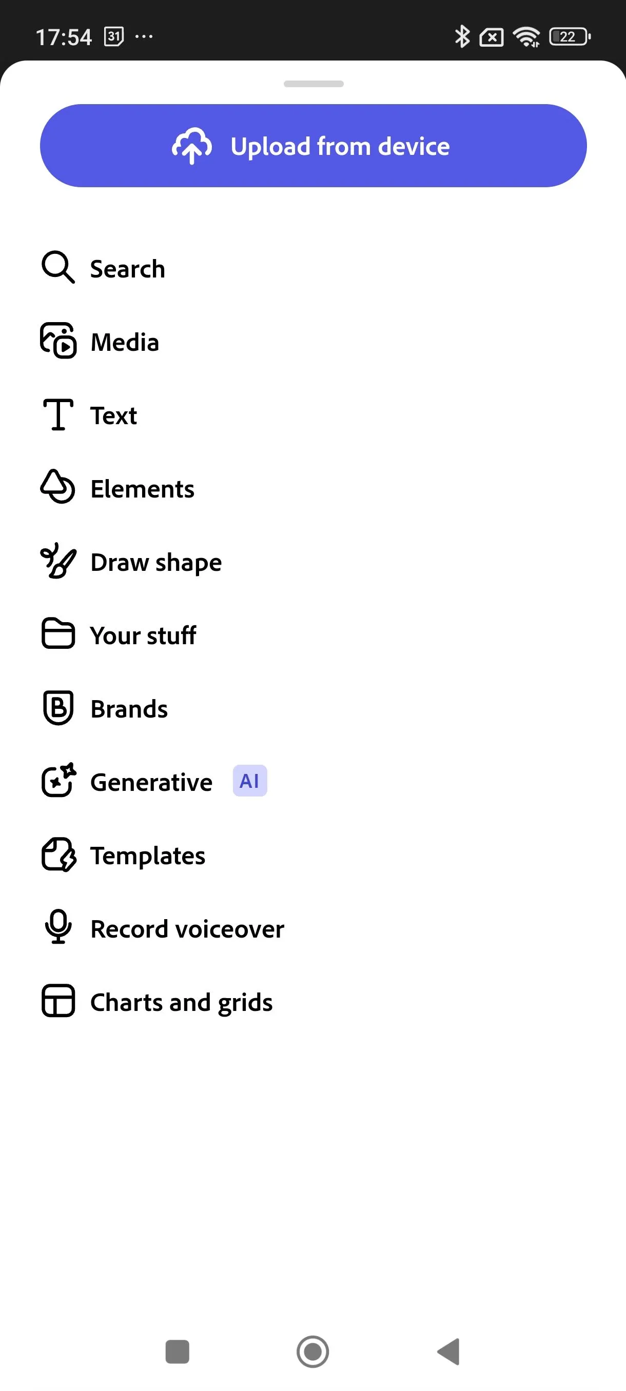 Menu chính của Adobe Express trên thiết bị di động không hiển thị tùy chọn Add-Ons